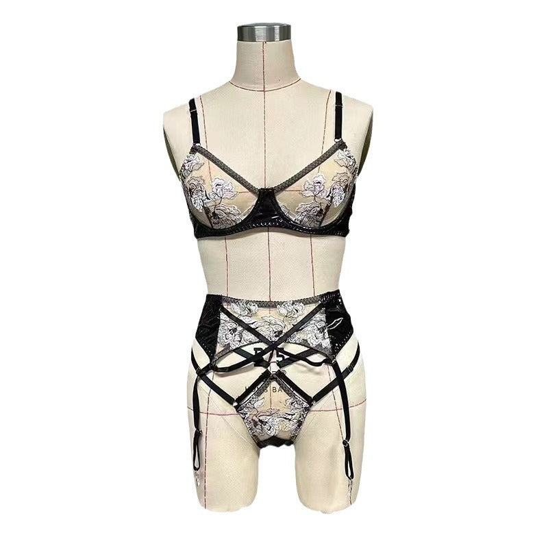 Lingerie Women's Uniform Seductive Embroidered Lace Leather Black Bra Garter Three-piece Set