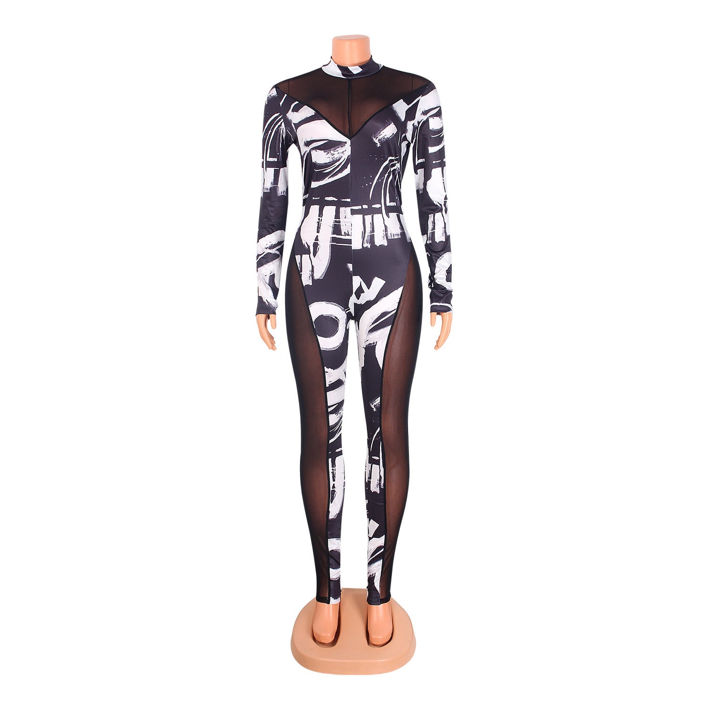 Printed Sexy Skinny Mesh Stitching Jumpsuit
