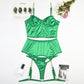 Green Satin High-end Lingerie Three-piece Set Women's Chain