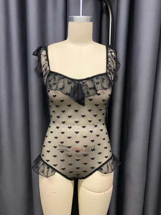 European And American Erotic Underwear Love Mesh See-Through Bodysuit