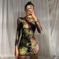 Perspective mesh print sexy slim dress