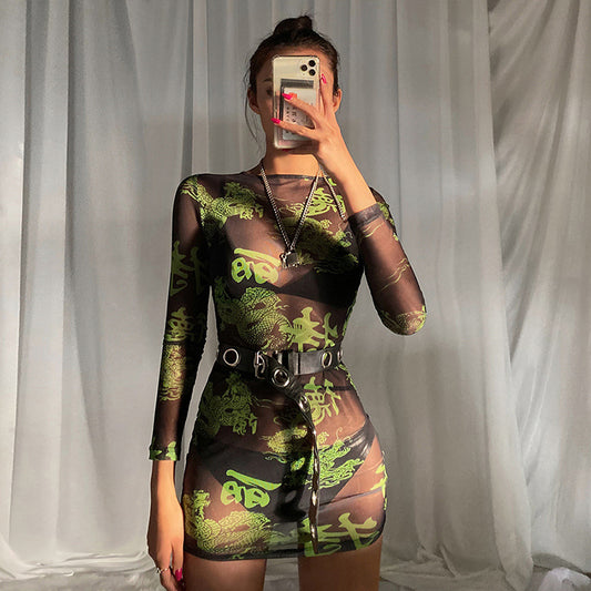 Perspective mesh print sexy slim dress