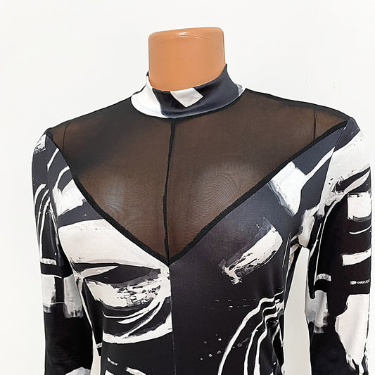 Printed Sexy Skinny Mesh Stitching Jumpsuit