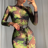 Perspective mesh print sexy slim dress