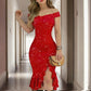 Women's Solid Color Ruffled High-Slit Bodycon Dress Sparkling Off-Shoulder Party Dress For Summer