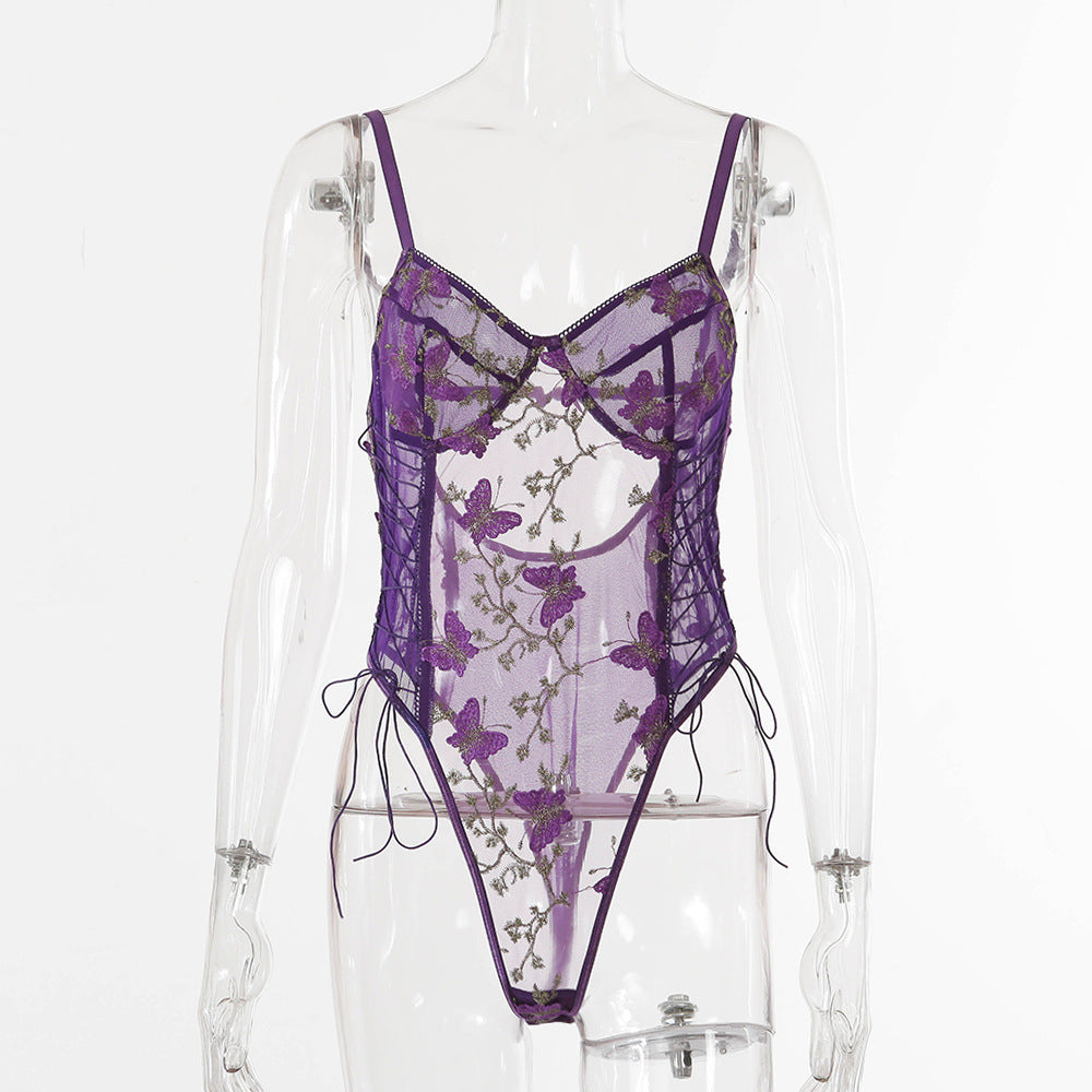 Sexy Erotic Lace Underwear Butterfly Embroidery Shaping Bodysuit