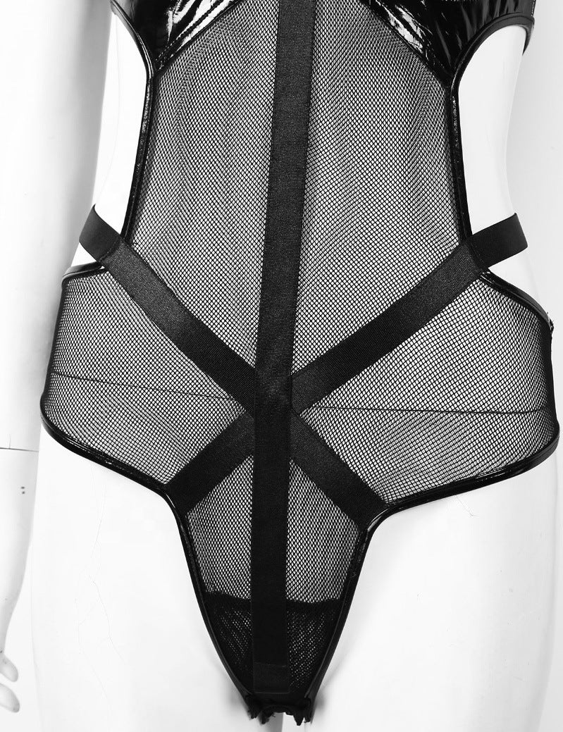 Mesh Faux Leather PU Hollow Halter One Piece Lingerie