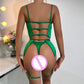 Green Satin High-end Lingerie Three-piece Set Women's Chain