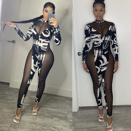 Printed Sexy Skinny Mesh Stitching Jumpsuit
