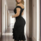 Women's Solid Color Ruffled High-Slit Bodycon Dress Sparkling Off-Shoulder Party Dress For Summer