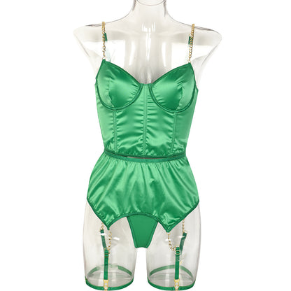 Green Satin High-end Lingerie Three-piece Set Women's Chain